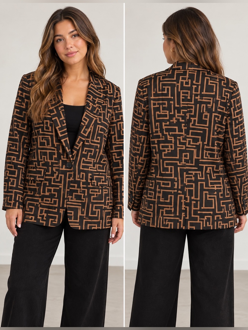 b.young Geometric Blazer in Black & Brown Size EU 42 US 10-12 NWT